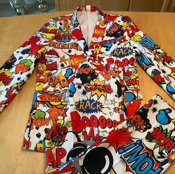 Spirit Halloween Suit Coat & Pants Pow Splash Boom All Over PRINT Superhero 42 - Picture 1 of 3